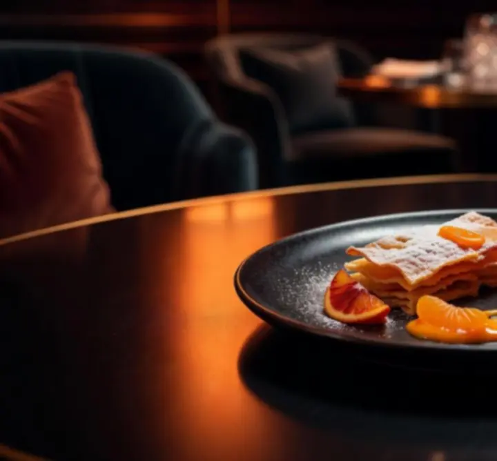 Elegáns, narancs árnyalatú gourmet desszert tálalása sötét háttéren