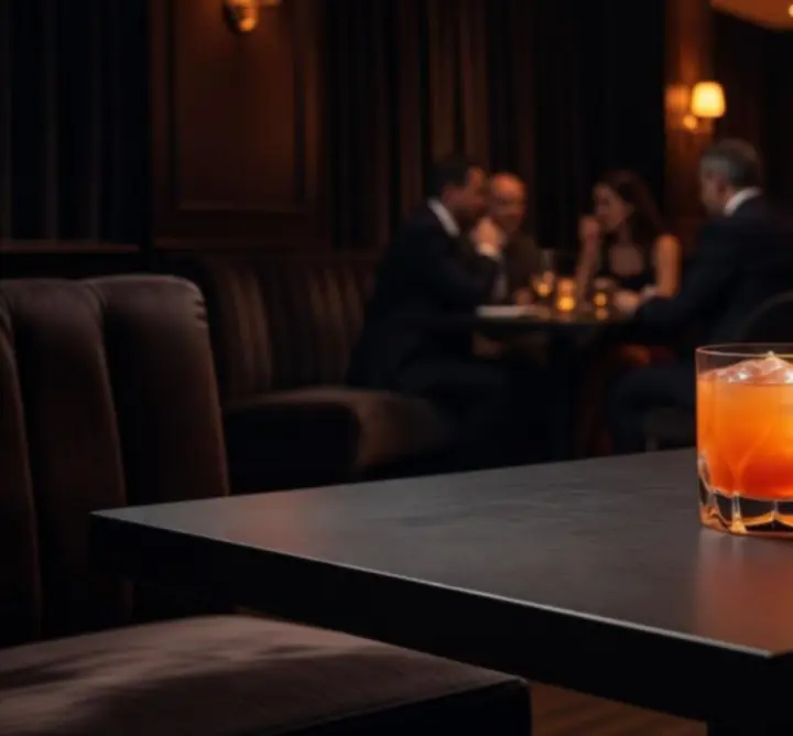 Narancsos koktél elegáns lounge hangulatú bárpulton, meleg fényekkel