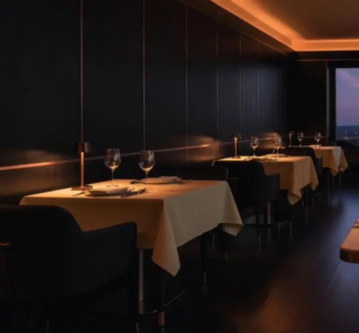 Elegáns étterem és lounge belső tér a Pannon Zónában, meleg narancs fényekkel és hangulatos asztalokkal.